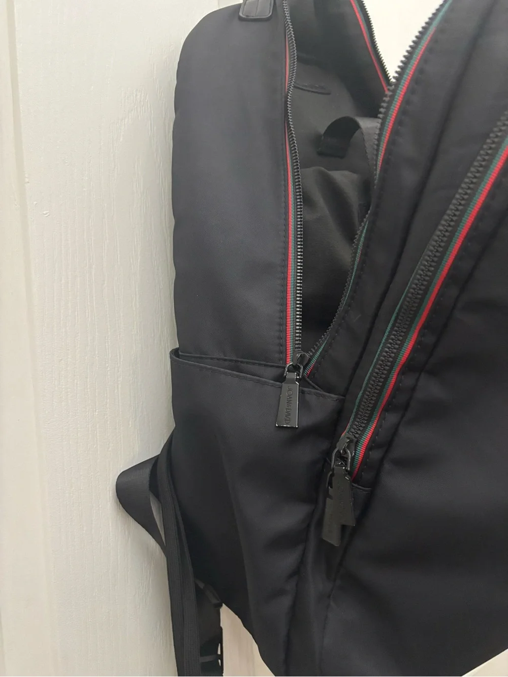 Joan & David Black Nylon Backpack Red Green Stripe Multi Pocket Travel Bag